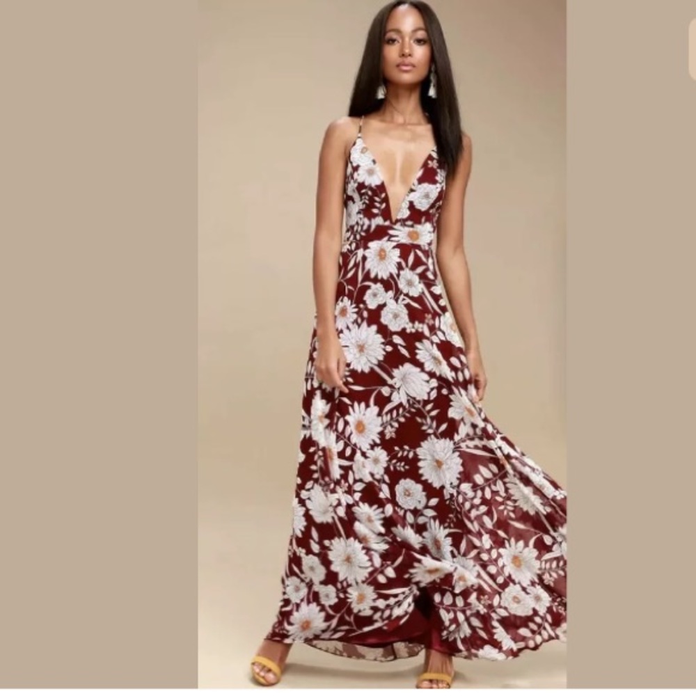 Burgundy Floral Print Backless Maxi Dress Small